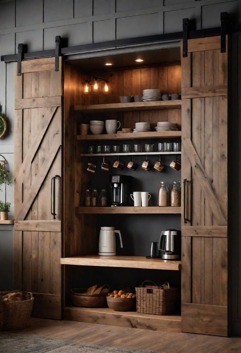 33 Modern Farmhouse Kitchen Ideas: Blending Rustic Charm with Contemporary Design 9 7. Rustic Coffee Bar Cabinet Solution-0