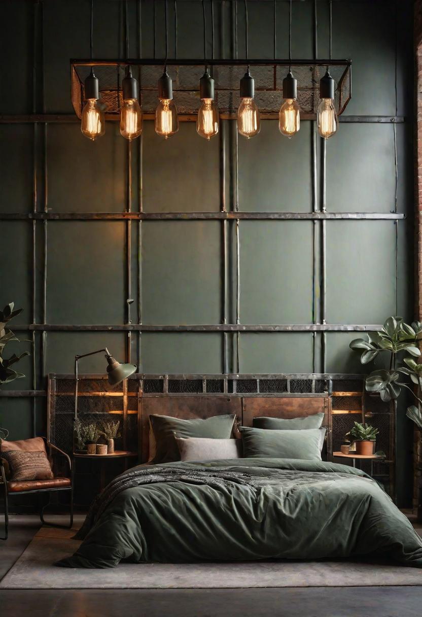 39 Sage Green Farmhouse Bedroom Ideas: Trendy Rustic Chic 27 16. Rustic Industrial Green Bedroom Design-0