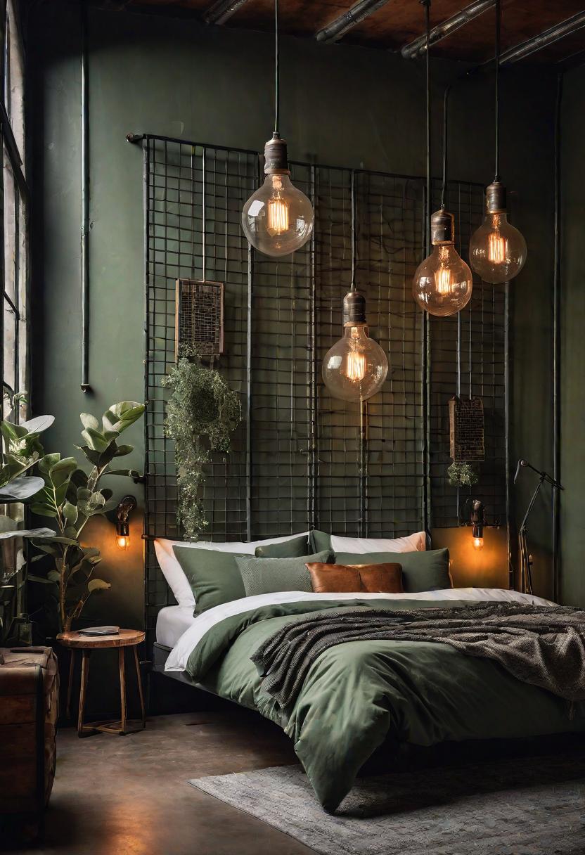 39 Sage Green Farmhouse Bedroom Ideas: Trendy Rustic Chic 28 16. Rustic Industrial Green Bedroom Design-1
