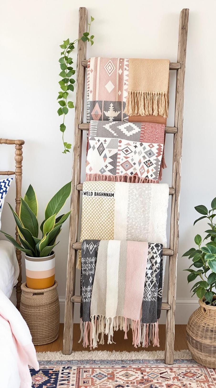 20 beautiful Boho bedroom for teenagers: ideas for 2025 35 12. Rustic ladder display: Show a wooden ladder to display colorful blankets or woven litters, and give the room-0 dimension.