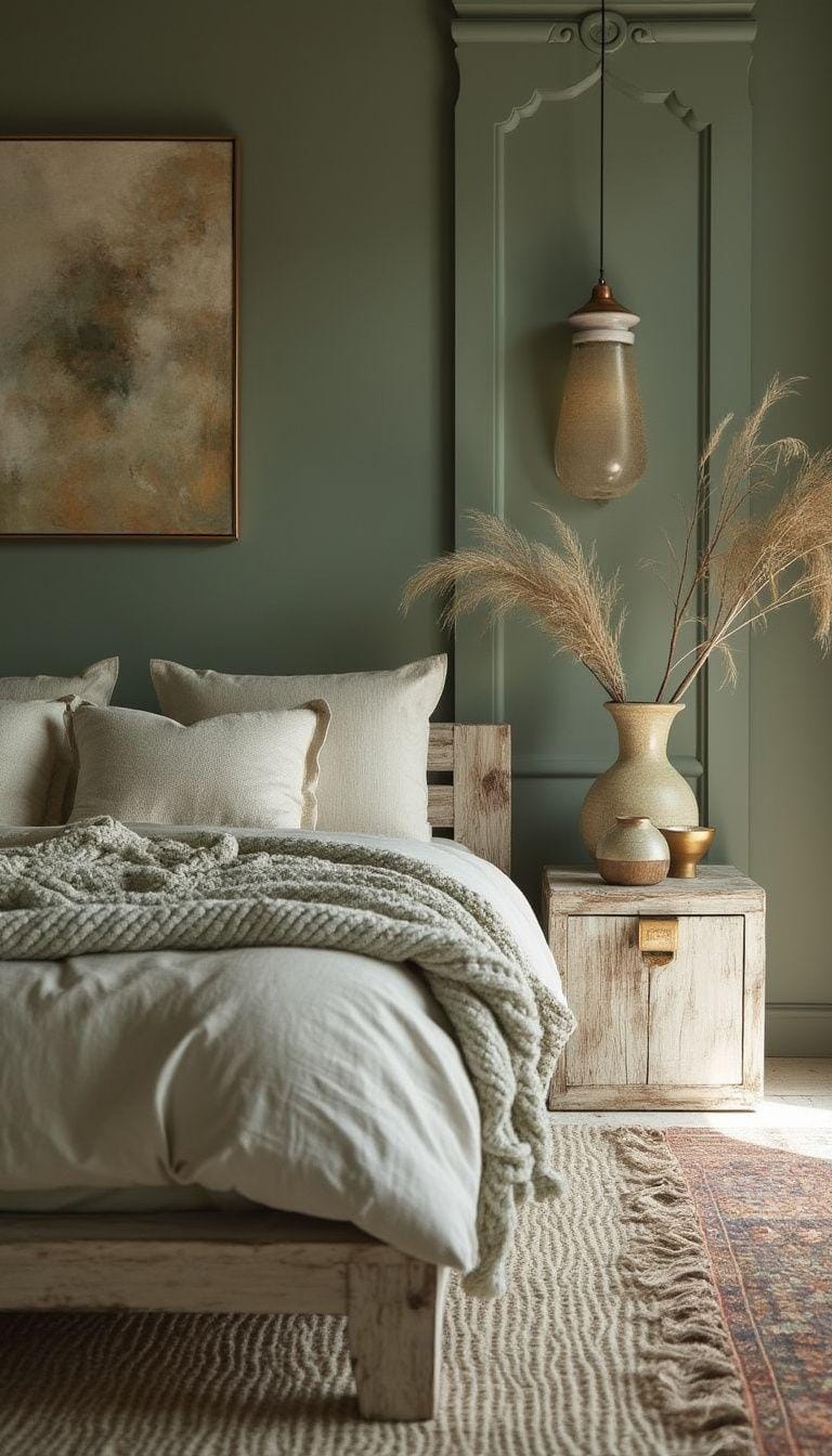 25 einzigartige Salbei grüne Boho Schlafzimmer Ideen für 2025 27 9. Rustikaler Luxus: Kombinierte Salbeiwände mit rustikalen weiß getünchten Holzmöbeln und goldenen Akzenten für zurückhaltende Glamour-0