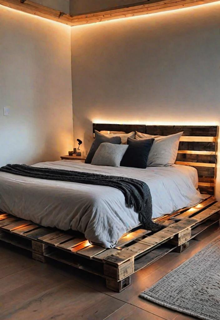 38 Genius Farmhouse Bedroom Ideas 15 13. Rustic Pallet Bed with Lighting-0