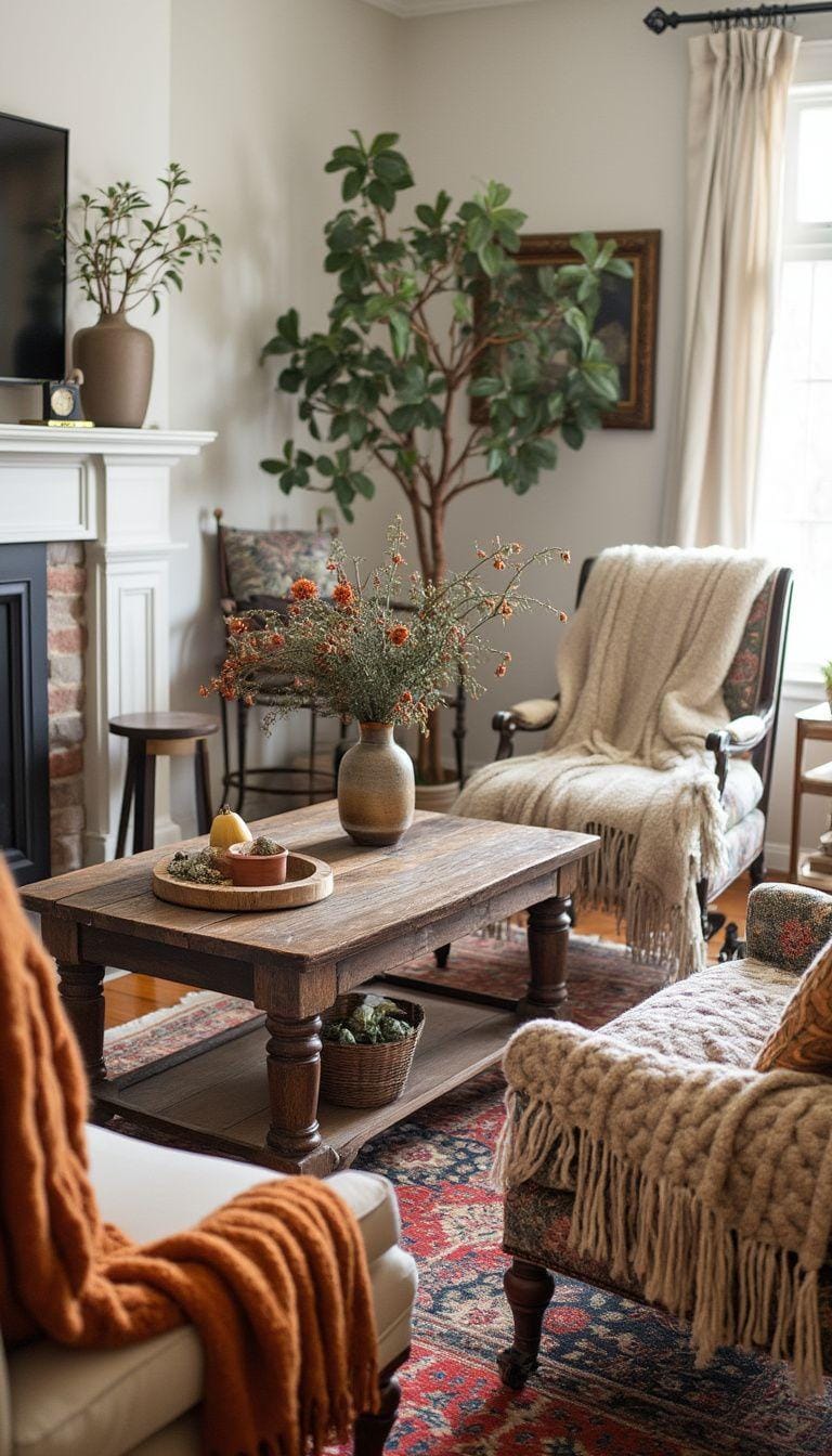 23 einzigartige Boho Farmhouse Wohnzimmer Ideen zum Kopieren 6 2. Rustikaler Wiederbelebung: Mit einem von nicht übereinstimmenden Vintage inspirierten Sessel und Wollwürfen im Herbst-Farbton umgebenen mit Herzstück zurückgewonnenen Holz-Couchtisch, der von nicht übereinstimmenden Vintage-inspiriert ist