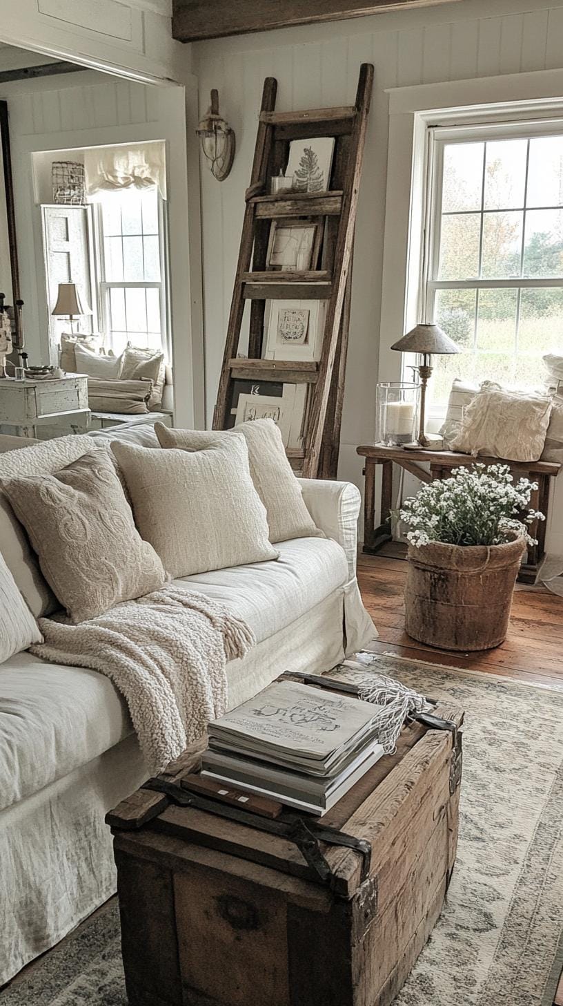 19 cozy moody farmhouse living room ideas, the wow 30 10. Rustic wooden ladder decor ideas-0