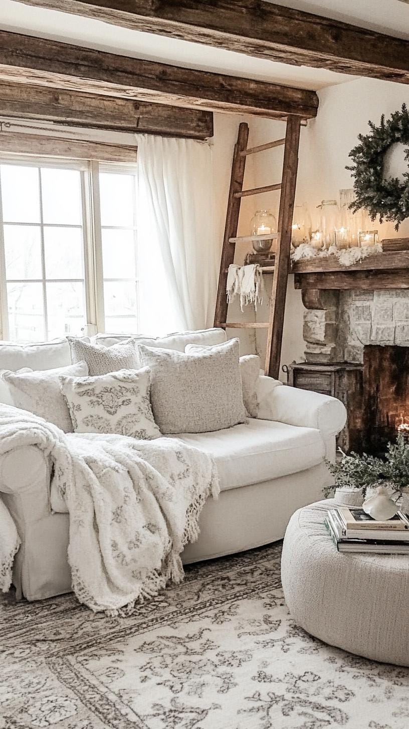 19 cozy, atmospheric farmhouse living room ideas, the wow 31 10. Rustic wooden ladder decor ideas-1