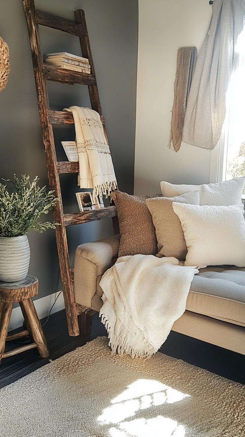 19 Cosy Moody Farmhouse Living Room Ideas, The WoW 32 10. Rustic wooden ladder decor ideas-2