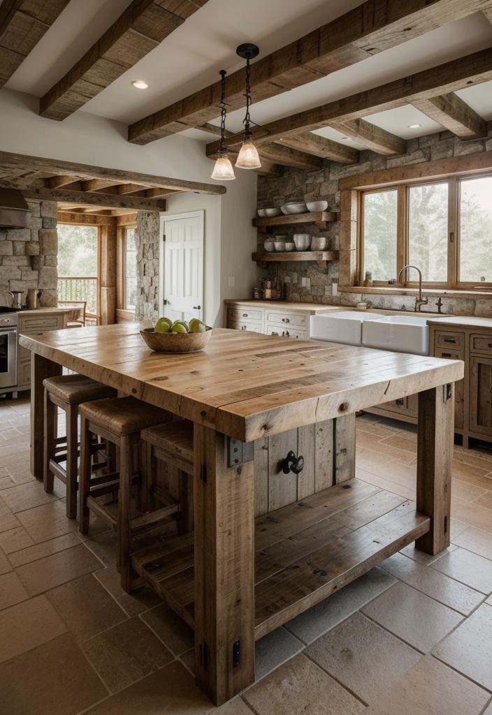 26 Genius Kitchen Island Ideen: Stil und Funktionalität 11 5. rustikales Holz & Stein Island-0