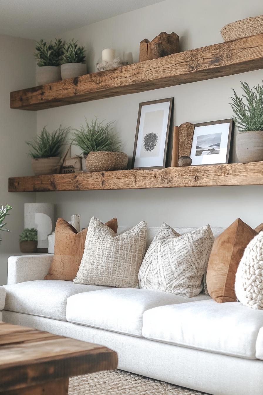 20 breathtaking living room wall decoration ideas 54 15. Rustic wooden wall shelf Inspiration-1