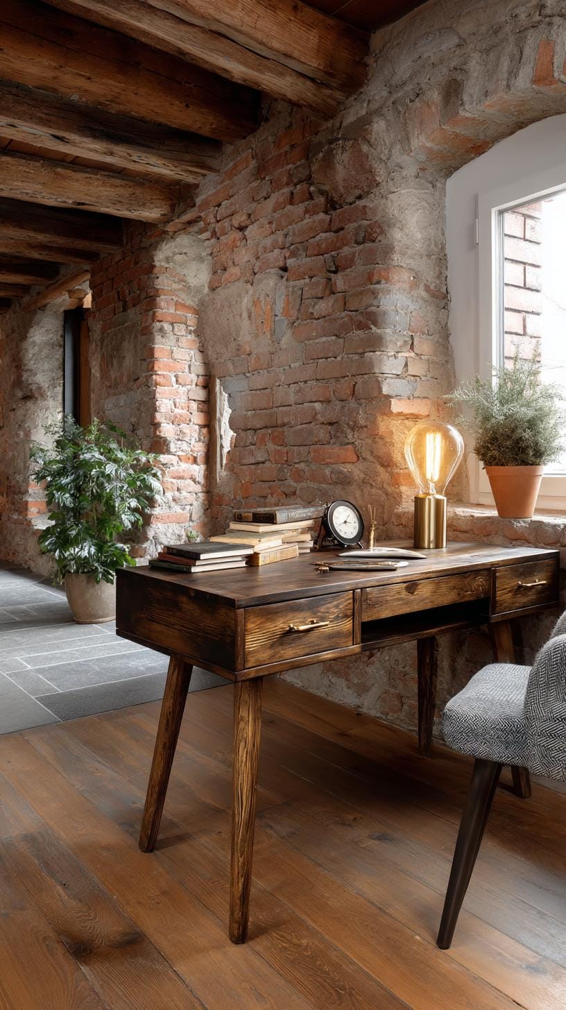21 clever small office ideas for home and work areas 27 9. Rustic dark wooden desk with lighting in the vintage style