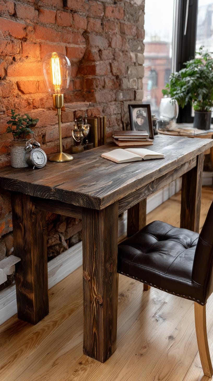 21 clever small office ideas for home and work areas 28 9. Rustic dark wooden desk with lighting-2-vintage