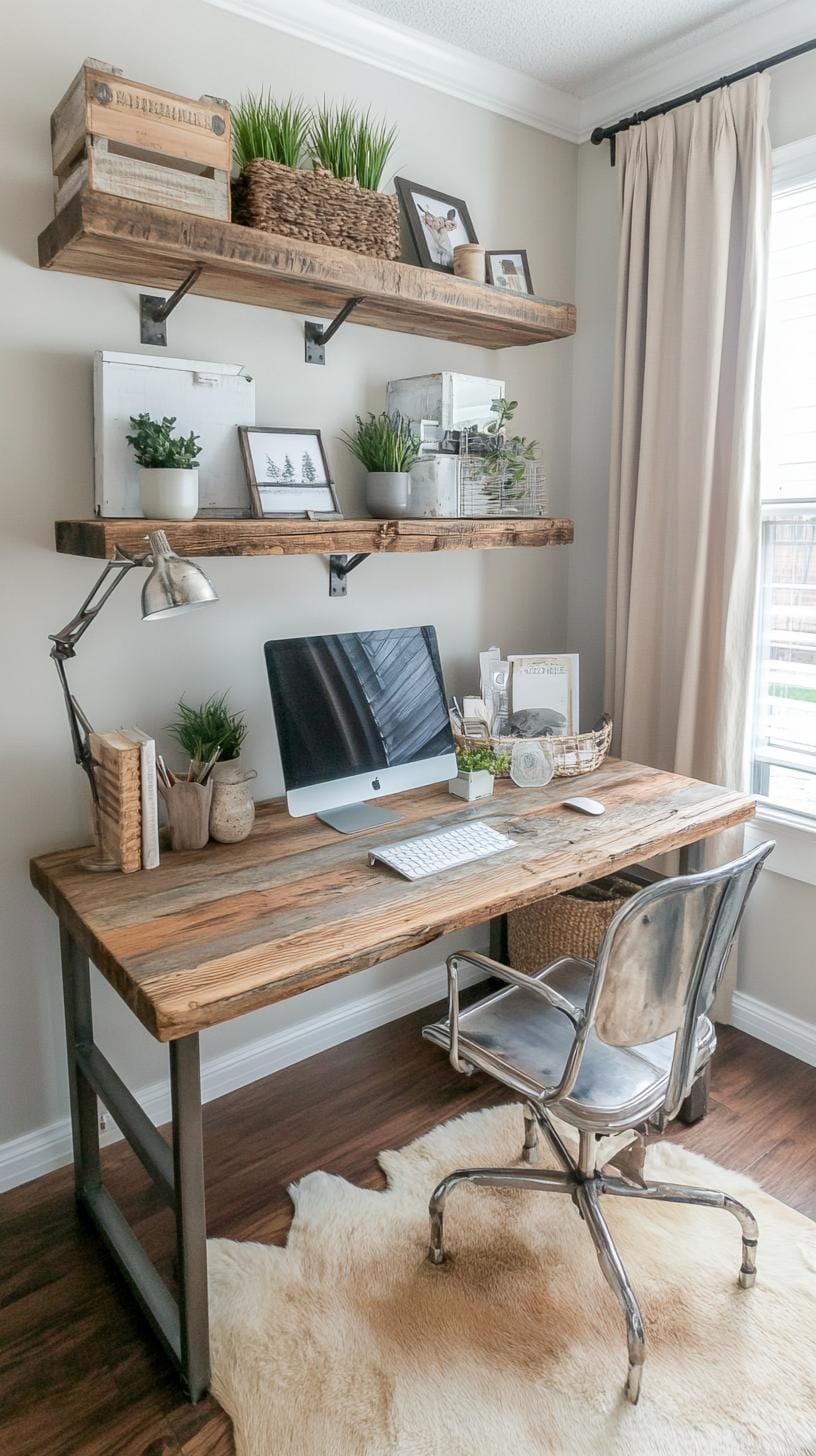 31 Home Office Ideas to Upgrade Your Work From Home Setup 59 21. Rustic office with reclaimed wood desk and shelving-0