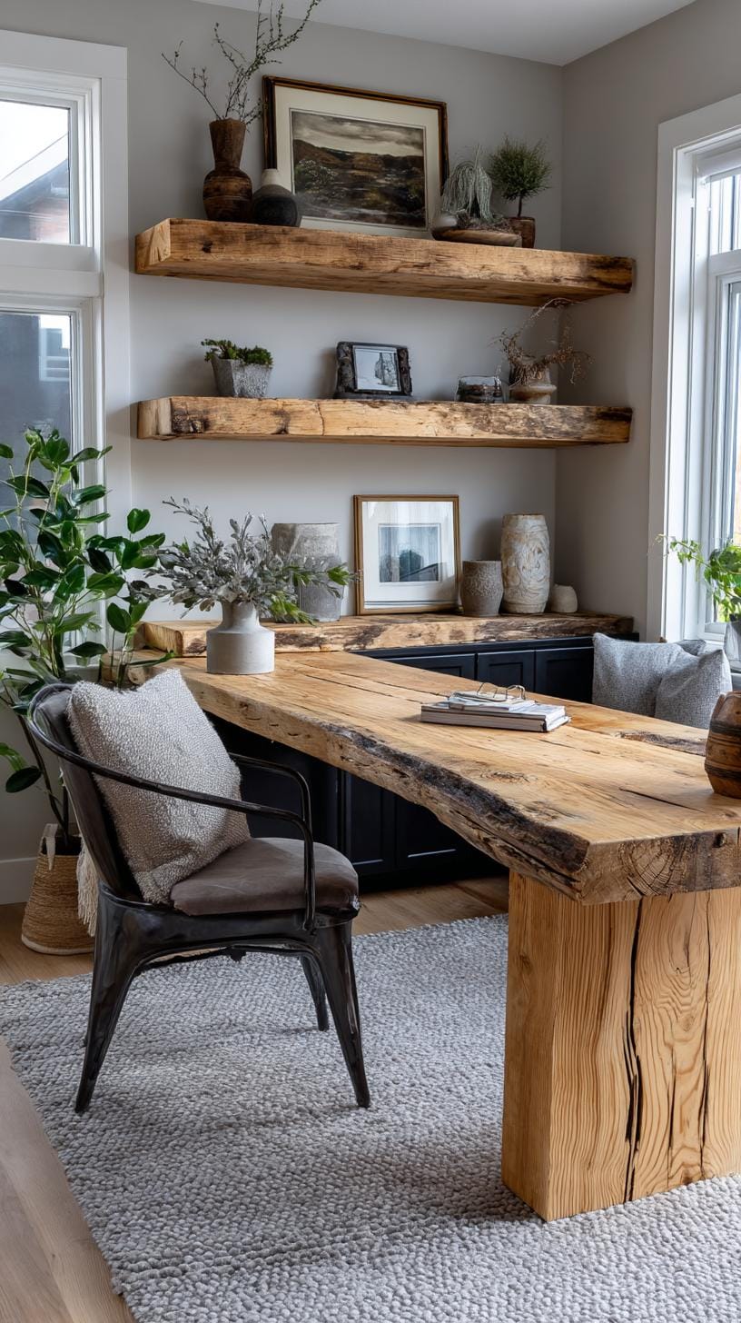 31 Home Office Ideas to Upgrade Your Work From Home Setup 60 21. Rustic office with reclaimed wood desk and shelving-1