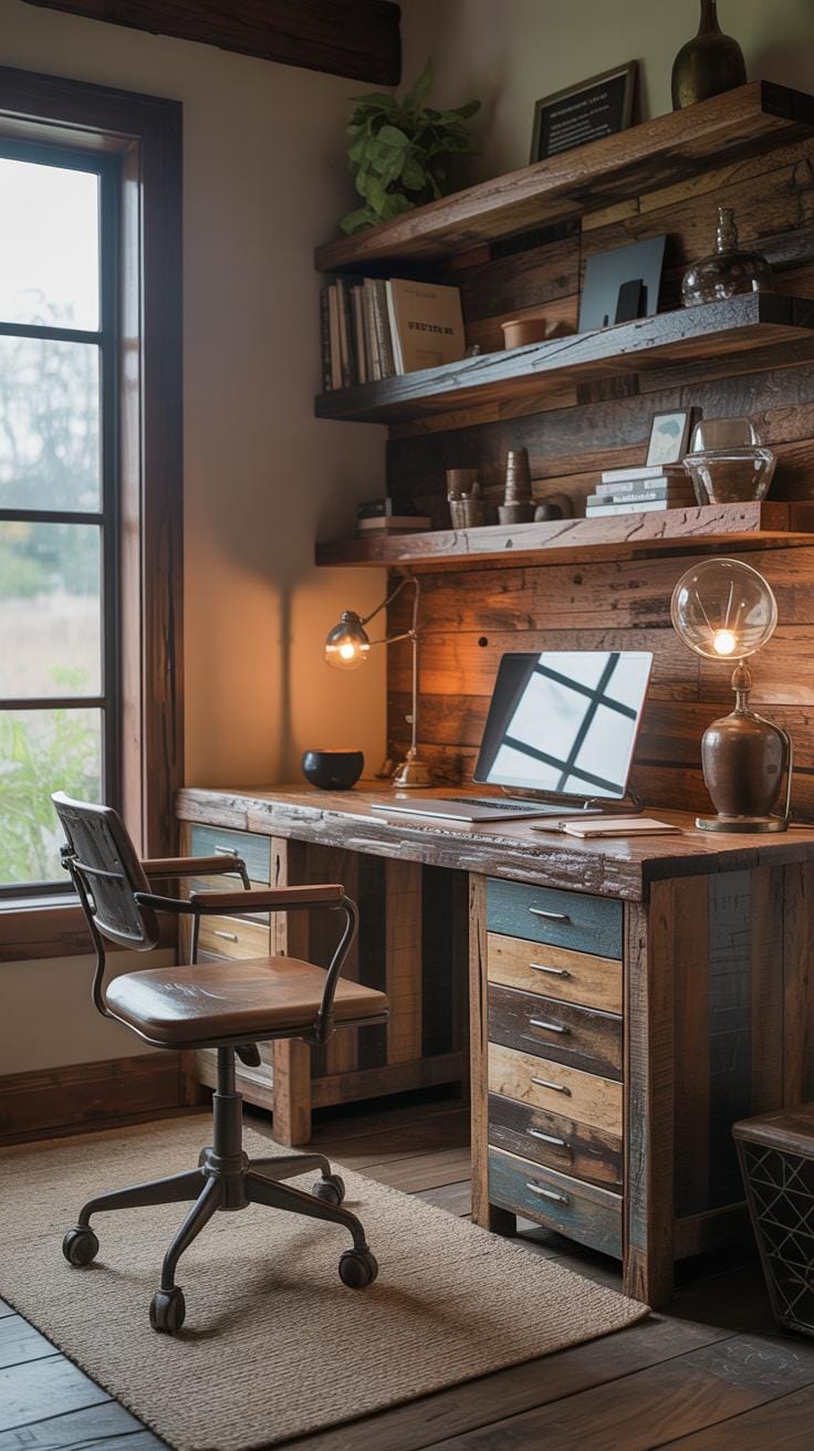 31 Home Office Ideas to Upgrade Your Work From Home Setup 61 21. Rustic office with reclaimed wood desk and shelving-2