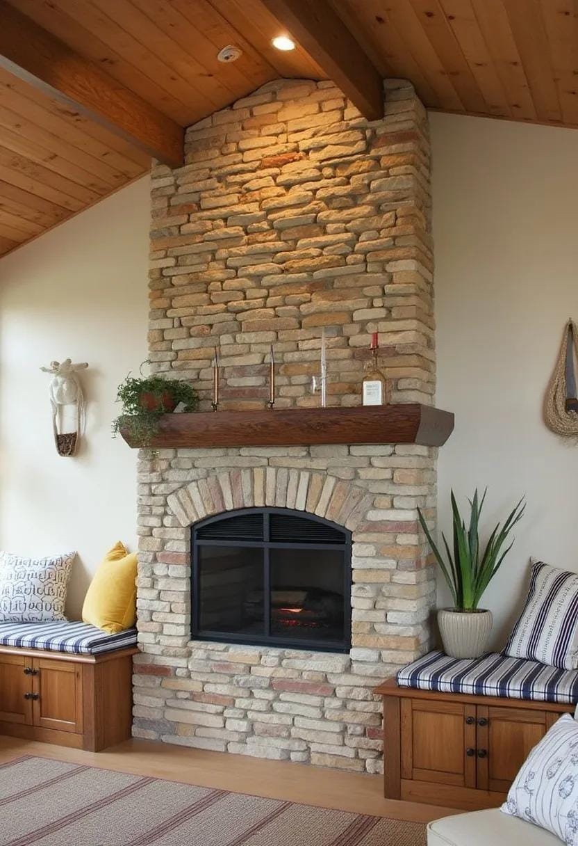 20 breathtaking middle of the century of modern fireplace-Makeover ideas 42 16. Rustic stone fireplace with integrated wooden memory bench-0