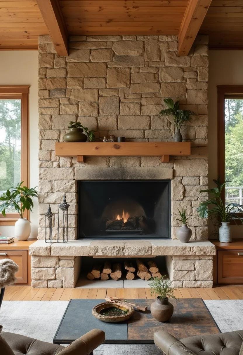 20 breathtaking middle of the century of modern fireplace-Makeover ideas 43 16. Rustic stone fireplace with integrated wooden memory bench-1