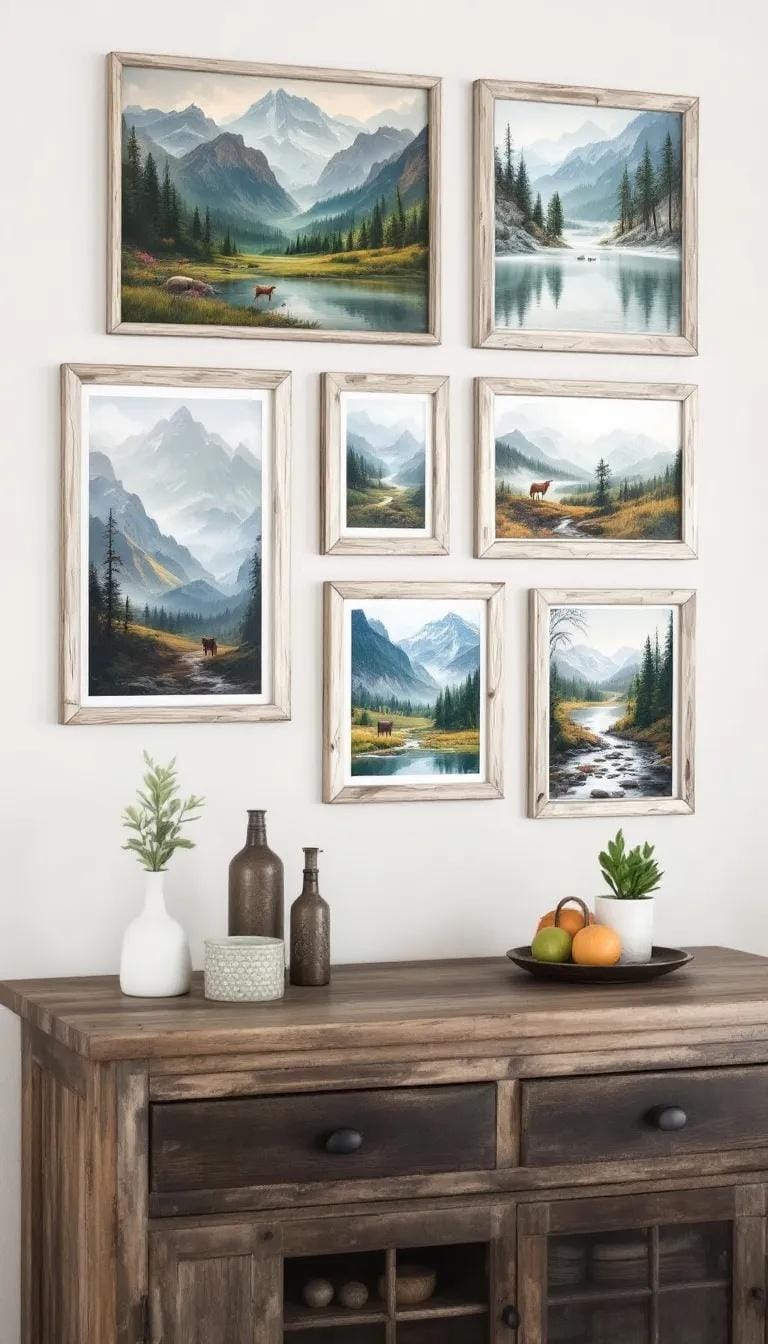 37 Gallery Wall Decor Ideas: Layouts And Styles to Elevate Any Room 66 22. Rustic wooden frame cluster using natural wood finishes with outdoorsy themes-0
