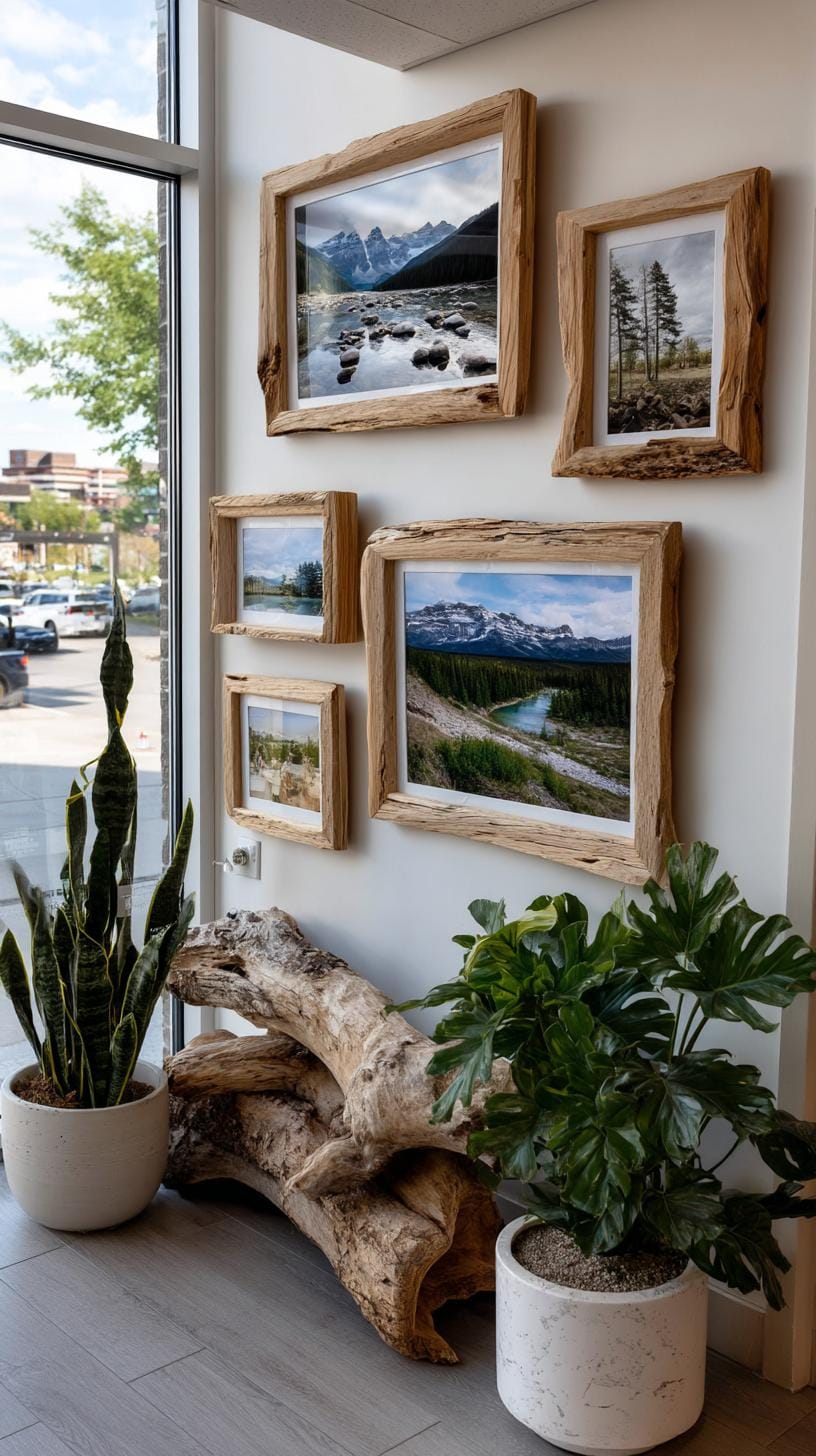 37 Gallery Wall Decor Ideas: Layouts And Styles to Elevate Any Room 67 22. Rustic wooden frame cluster using natural wood finishes with outdoorsy themes-1
