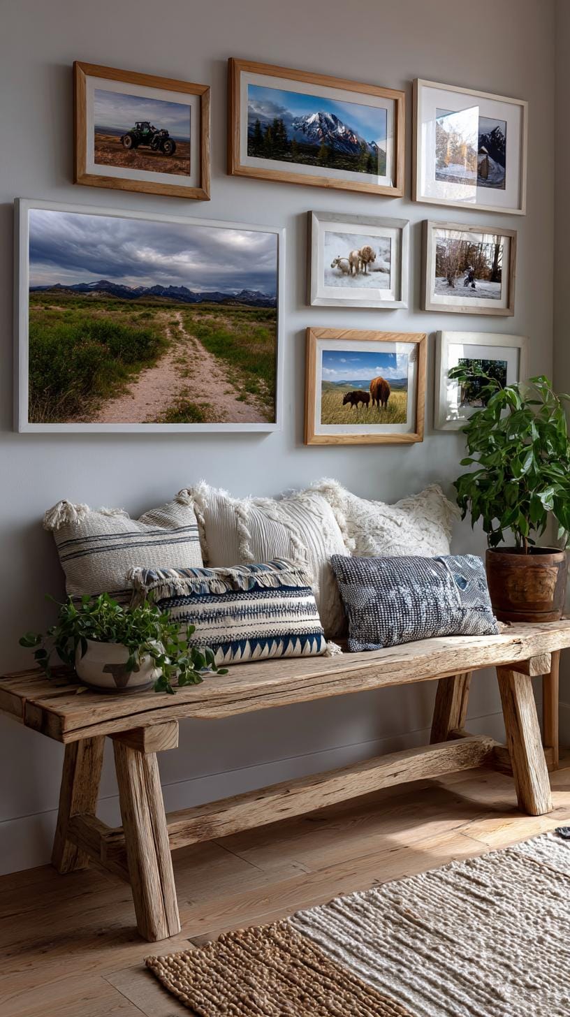 37 Gallery Wall Decor Ideas: Layouts And Styles to Elevate Any Room 68 22. Rustic wooden frame cluster using natural wood finishes with outdoorsy themes-2