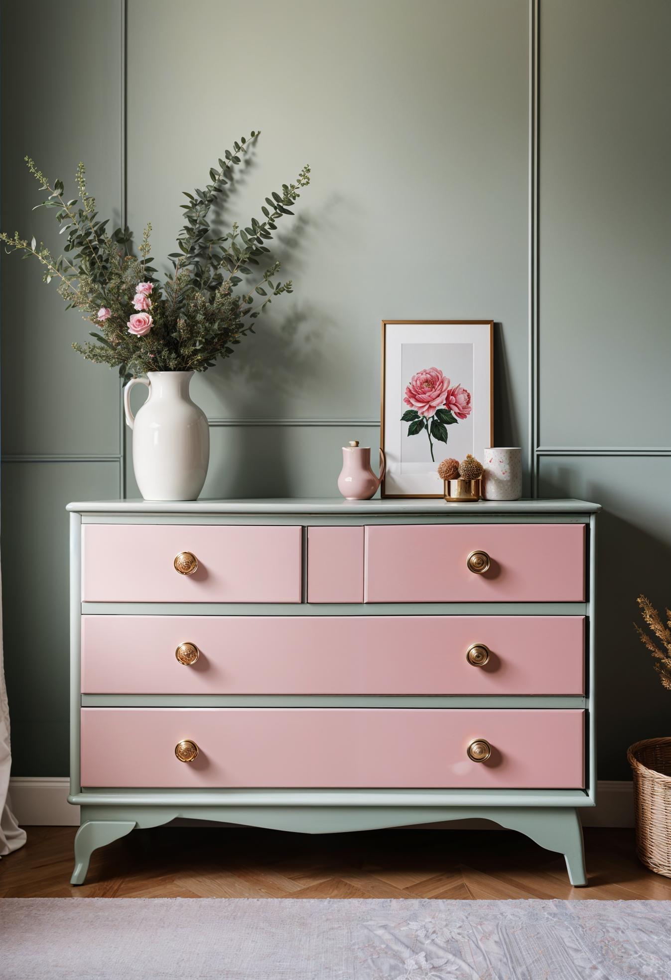 31 Chic Sage Green and Pink Bedroom Inspirations 15 8. Sage Dresser with Pink Knobs-0