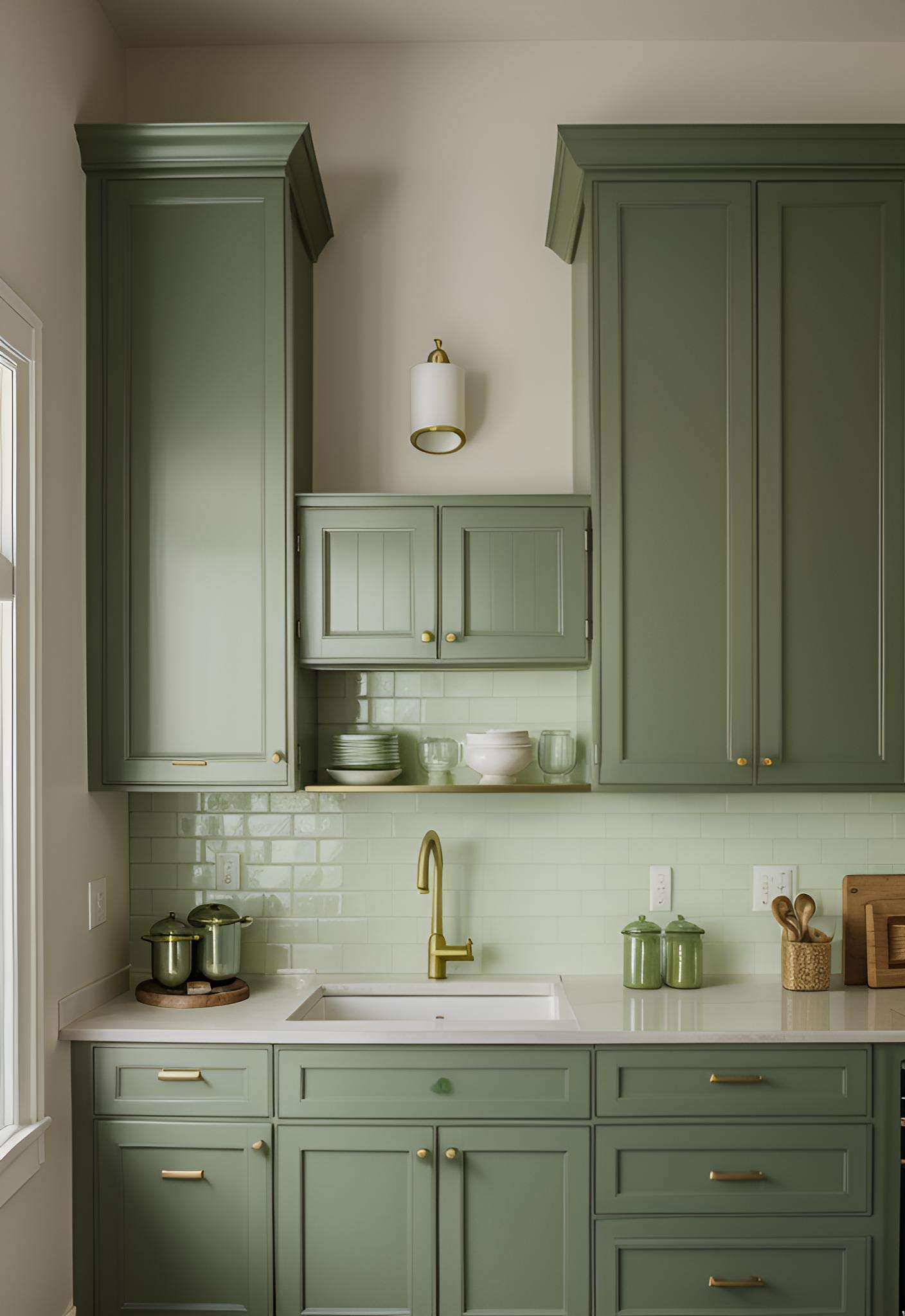 29 atemberaubende grüne Küchenschrank Ideen: üppig, von Natur aus inspirierte Farbtöne 3 1. Sage Green & Brass Cabinets-0