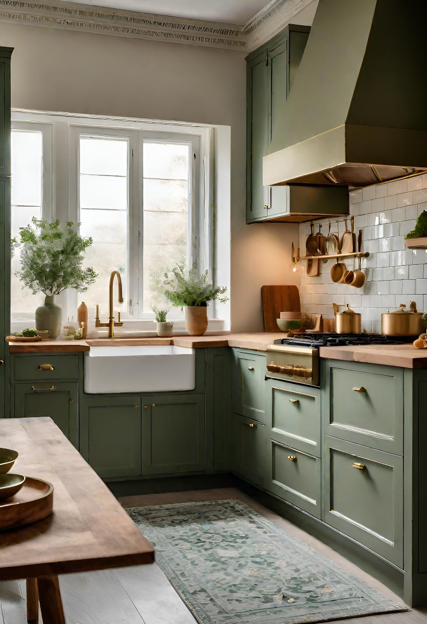 29 atemberaubende grüne Küchenschrank Ideen: üppig, von Natur aus inspirierte Farbtöne 4 1. Sage Green & Brass Cabinets-1