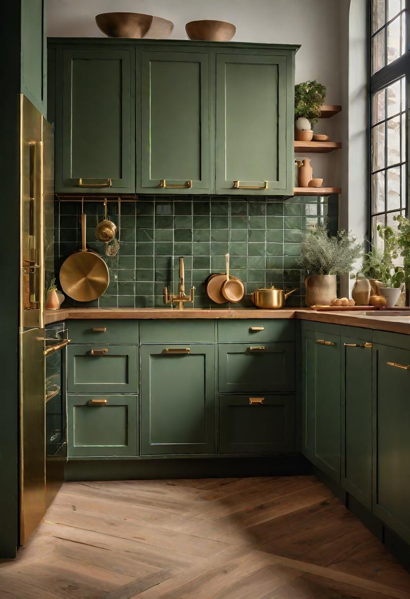 29 atemberaubende grüne Küchenschrank Ideen: üppig, von Natur aus inspirierte Farbtöne 5 1. Sage Green & Brass Cabinets-2