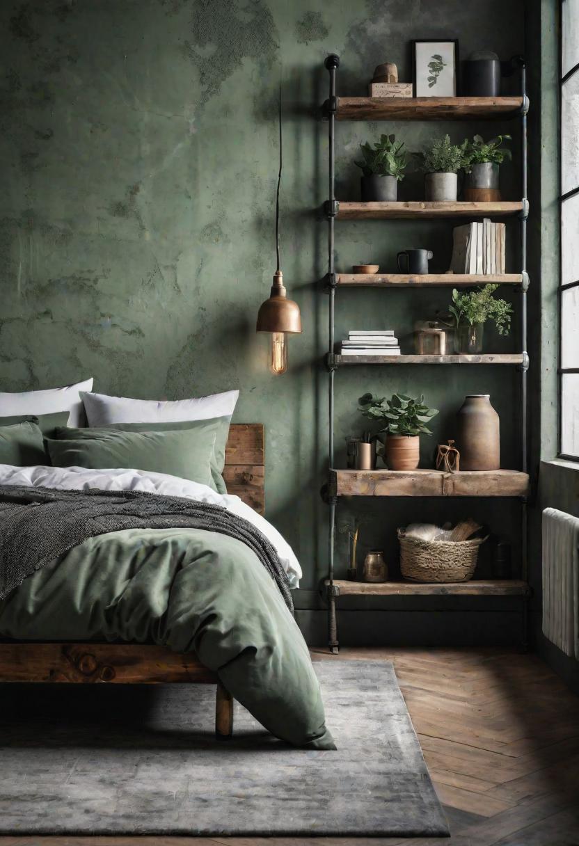 39 Sage Green Farmhouse Bedroom Ideas: Trendy Rustic Chic 55 35. Sage Green Industrial Bedroom Styling-0