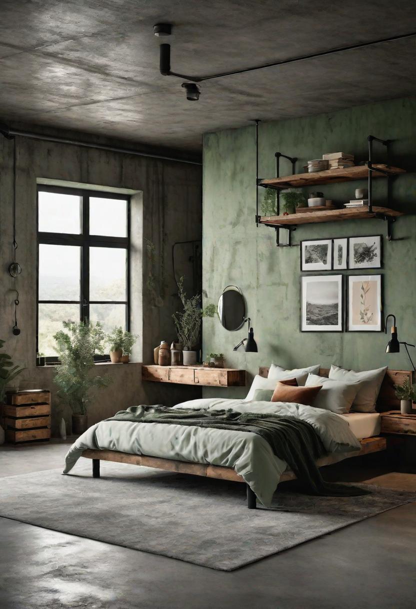 39 Sage Green Farmhouse Bedroom Ideas: Trendy Rustic Chic 56 35. Sage Green Industrial Bedroom Styling-1