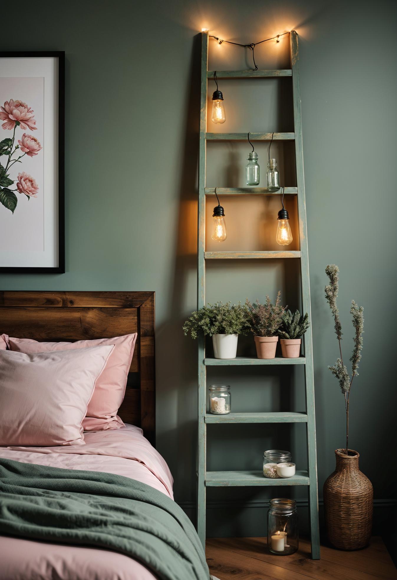 31 Chic Sage Green and Pink Bedroom Inspirations 43 27. Sage Green Ladder and Lights-0