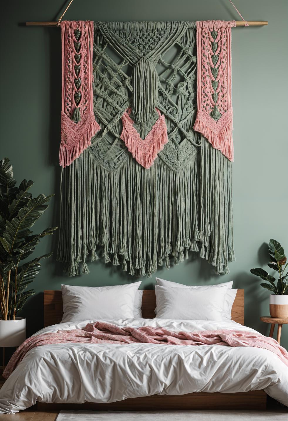 31 Chic Sage Green and Pink Bedroom Inspirations 22 13. Sage & Pink Macrame Wall Hangings-1