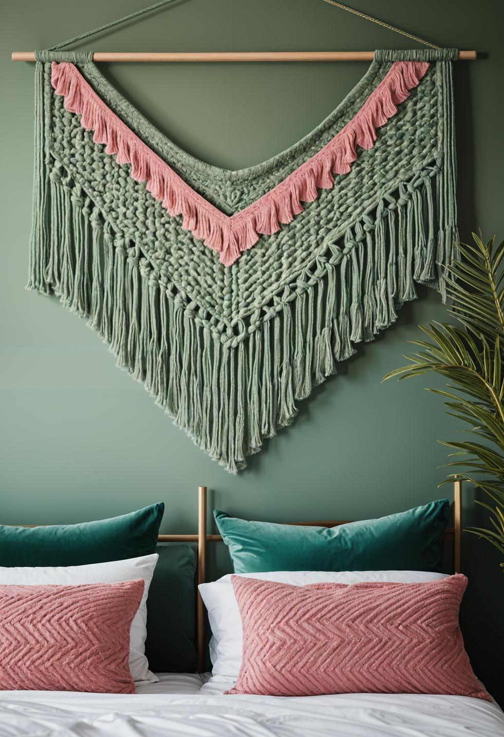 31 Chic Sage Green and Pink Bedroom Inspirations 23 13. Sage & Pink Macrame Wall Hangings-2