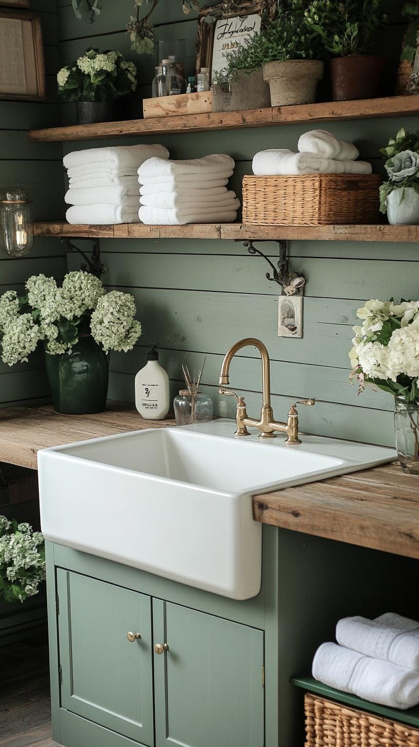 20 Genius Tiny laundry kitchen ideas: organization & stacked design 5 2. Sage green cupboards with farmhouse washing basin and open shelf-0