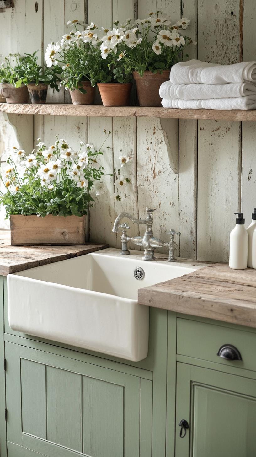 20 Genius Tiny laundry kitchen ideas: organization & stacked design 6 2. Sage green cupboards with farmhouse washing basin and open shelf-1