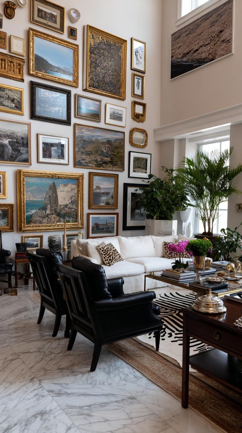 37 Gallery Wall Decor Ideas: Layouts And Styles to Elevate Any Room 33 11. Salon style maximalism where the entire wall is covered with layered artworks-0