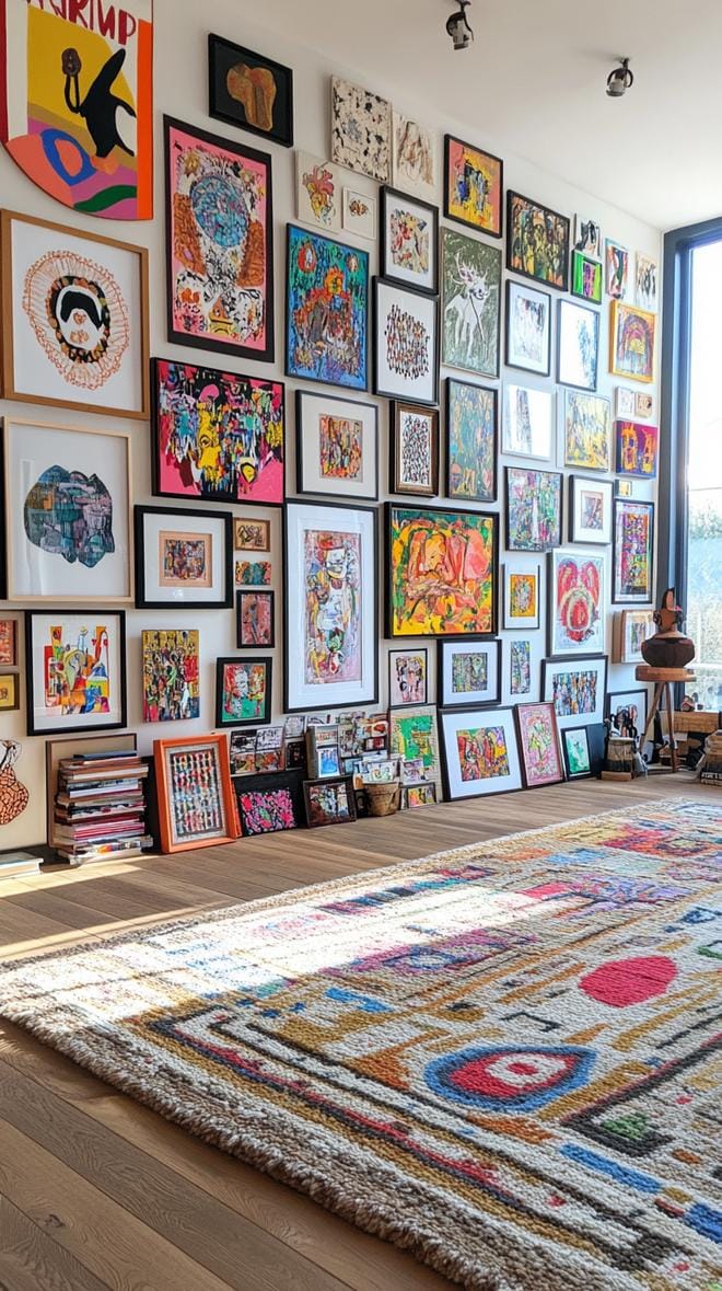 37 Gallery Wall Decor Ideas: Layouts And Styles to Elevate Any Room 34 11. Salon style maximalism where the entire wall is covered with layered artworks-1