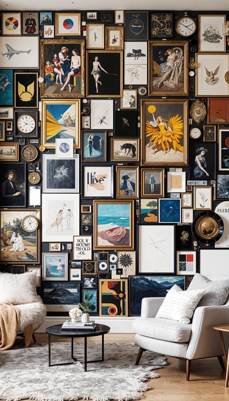 37 Gallery Wall Decor Ideas: Layouts And Styles to Elevate Any Room 35 11. Salon style maximalism where the entire wall is covered with layered artworks-2
