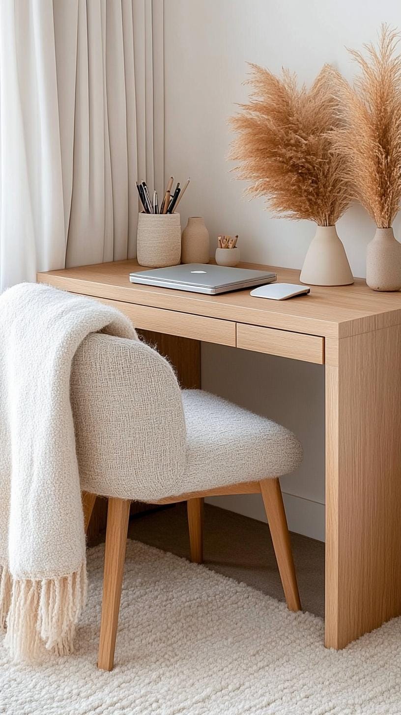 31 Home Office Ideas to Upgrade Your Work From Home Setup 37 13. Scandinavian desk area with neutral tones and textures-0