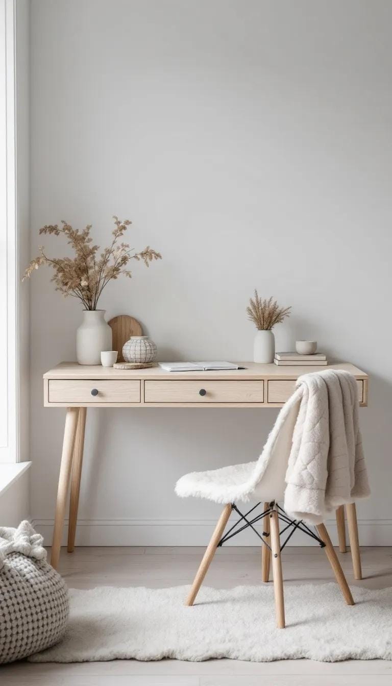 31 Home Office Ideas to Upgrade Your Work From Home Setup 38 13. Scandinavian desk area with neutral tones and textures-1