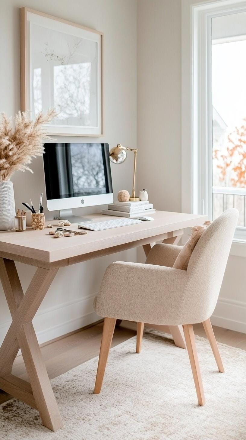 31 Home Office Ideas to Upgrade Your Work From Home Setup 39 13. Scandinavian desk area with neutral tones and textures-2