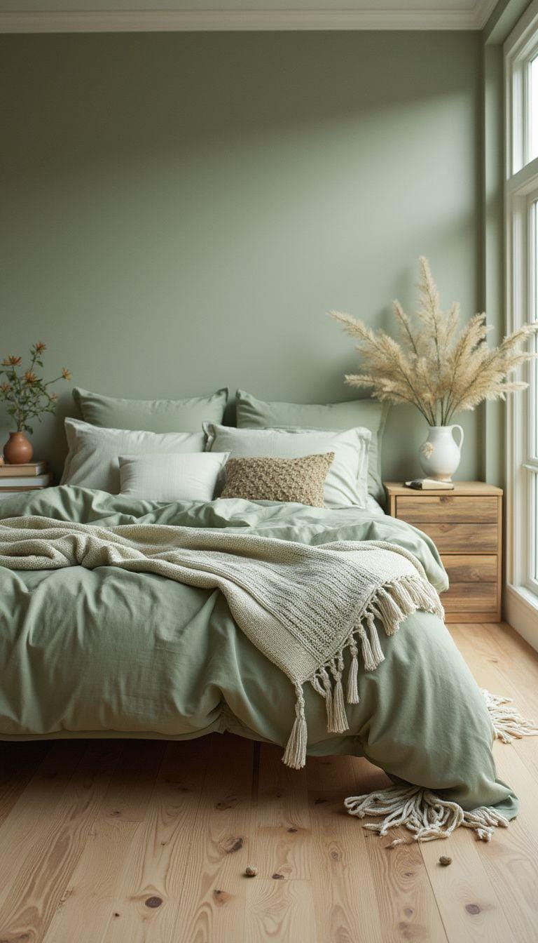 25 Trendy Sage Green Schlafzimmer Ideen für 2025 27 9. Skandinavisch inspiriertes Zimmer mit weicher grüner Bettwäsche und leichten Eichenböden-0