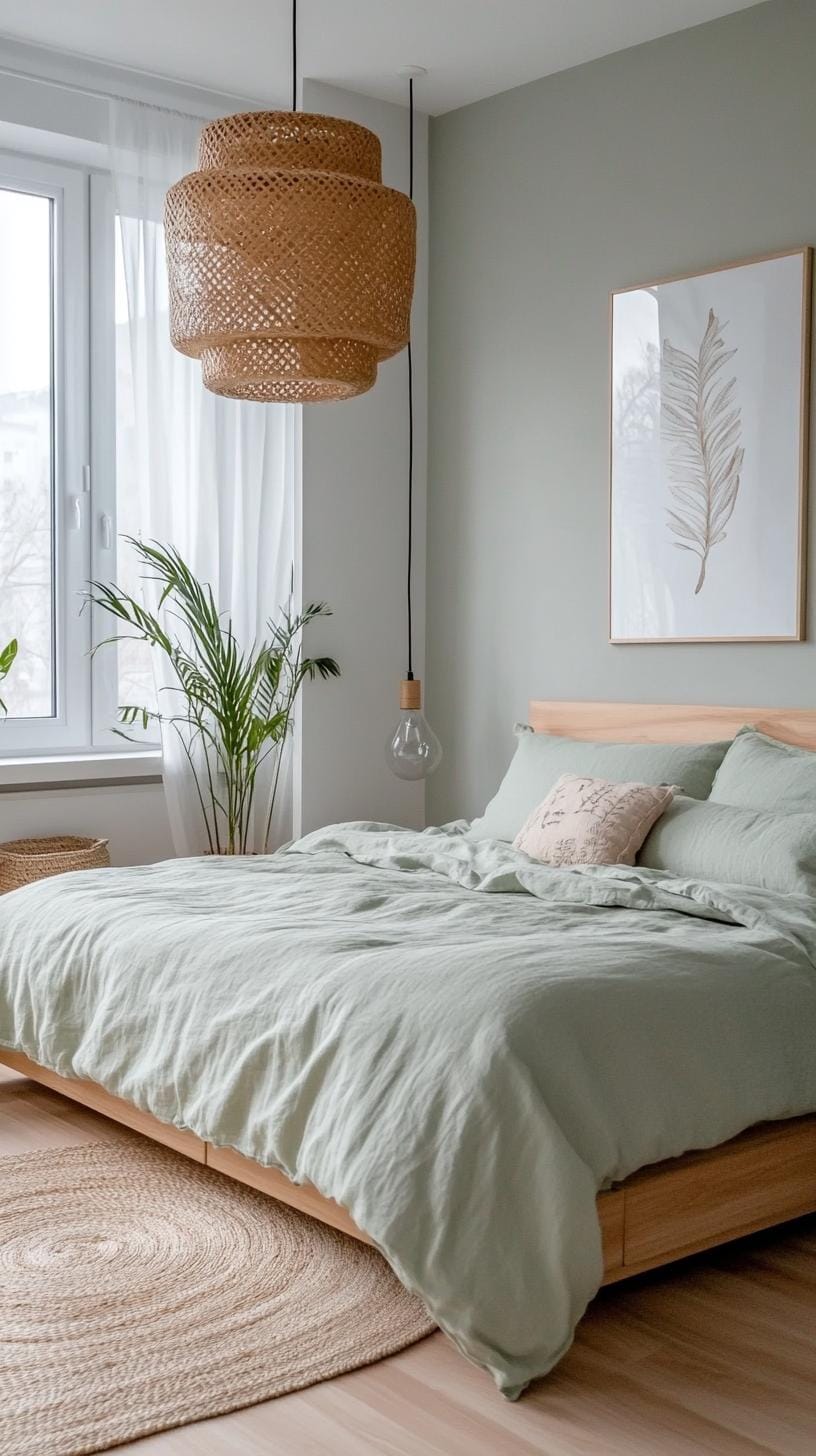 25 Trendy Sage Green Schlafzimmer Ideen für 2025 28 9. Skandinavisch inspiriertes Zimmer mit weicher grüner Bettwäsche und leichten Eichenböden-1