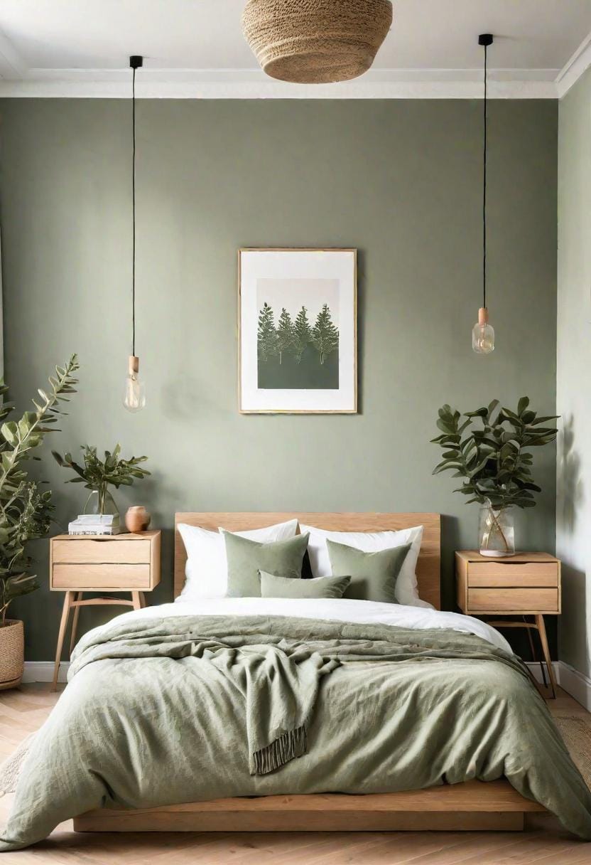 25 Trendy Sage Green Schlafzimmer Ideen für 2025 29 9. Skandinavisch inspiriertes Zimmer mit weicher grüner Bettwäsche und leichten Eichenböden-2