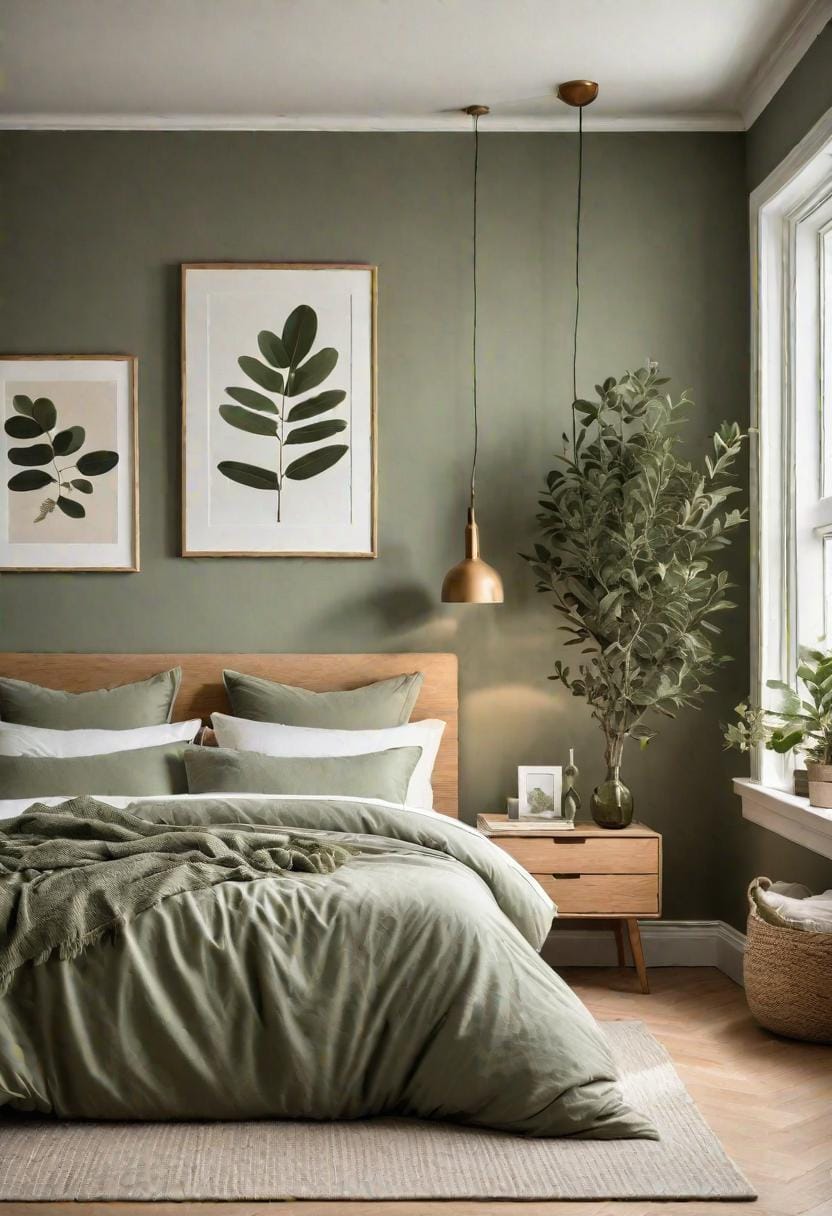 25 Trendy Sage Green Schlafzimmer Ideen für 2025 30 9. Skandinavisch inspiriertes Zimmer mit weicher grüner Bettwäsche und leichten Eichenböden-3