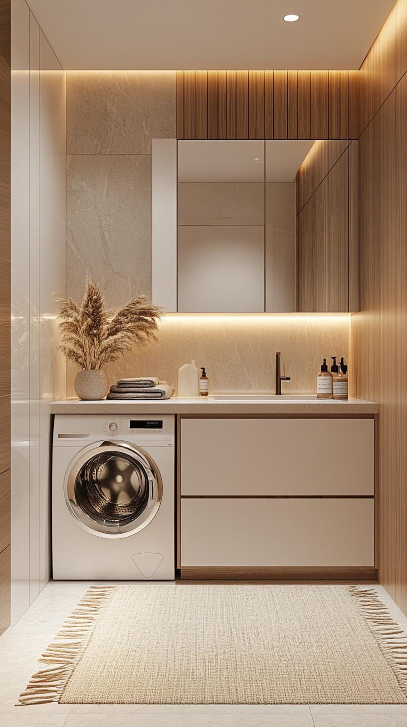 20 Genius Tiny laundry kitchen ideas: organization & stacked design 31 12. Scandinavian beige and white with wood accents 0