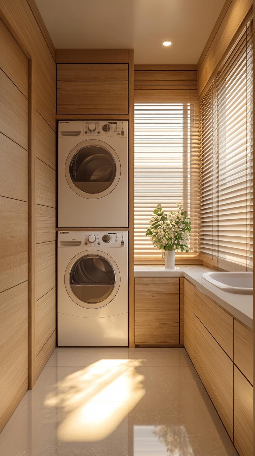 20 Genius Tiny laundry kitchen ideas: organization & stacked design 33 12. Scandinavian beige and white with wood accents-2