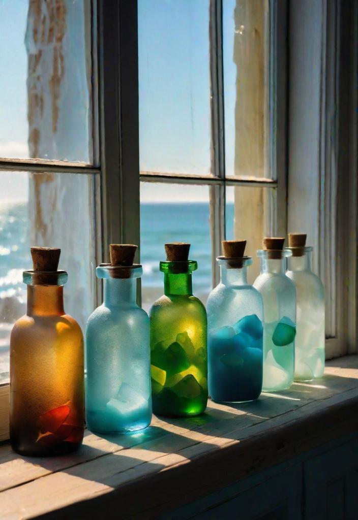 43 Inspiring Coastal Living Room Ideas 30 28. Sea glass bottle window display-0