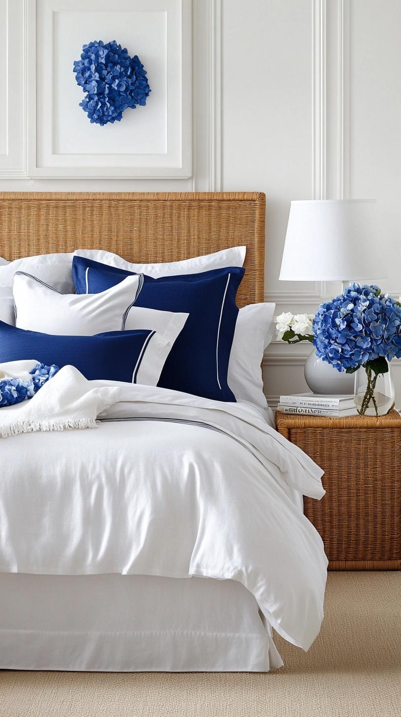 21 Best Blue Boho bedroom ideas to inspire you 18 5. Sapphire Sapphire: Subtle sapphire tones with white bed linen and woven rattan lamp umbrella-0