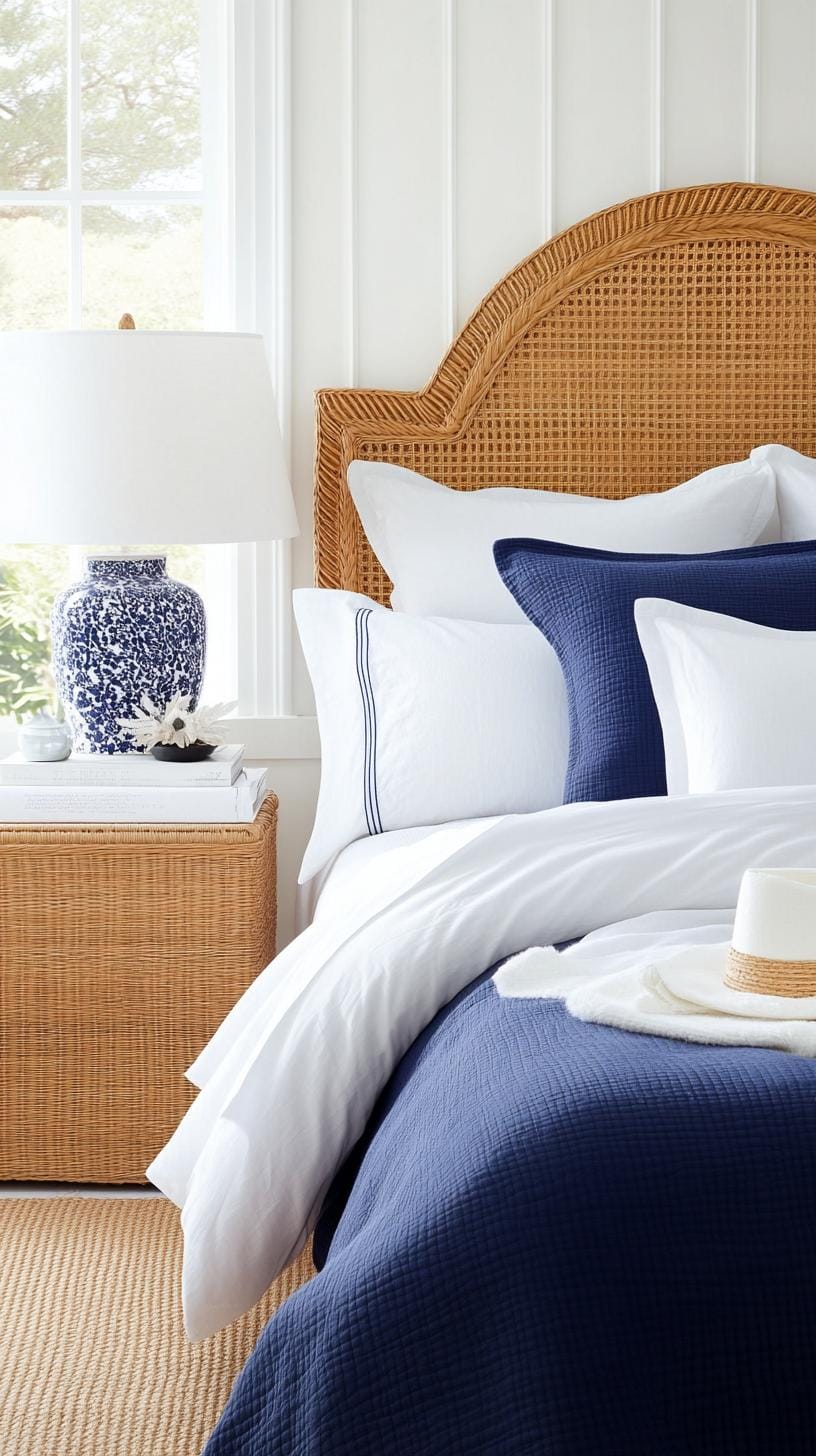21 Best Blue Boho bedroom ideas to inspire you 19 5. Sapphire Sapphire: Subtle sapphire tones with white bed linen and woven rattan lamp umbrella-1