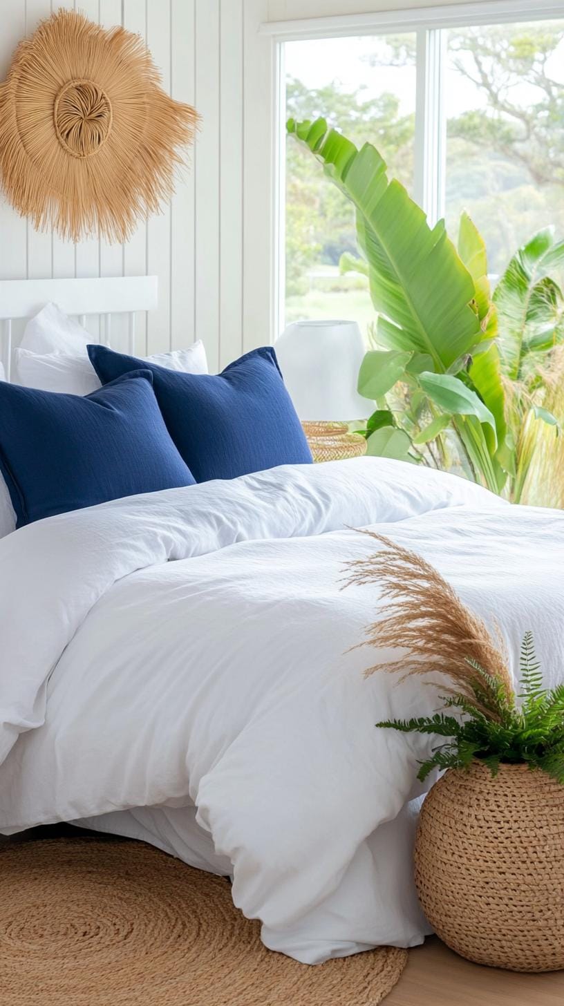 21 Best Blue Boho bedroom ideas to inspire you 20 5. Sapphire Sapphire: Subtle sapphire tones that are mixed with white bed linen and woven rattan lamp umbrella-2