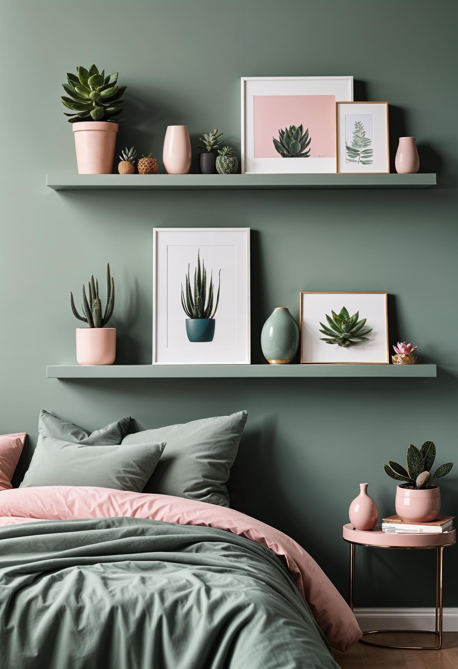 31 Chic Sage Green and Pink Bedroom Inspirations 18 10. Serene Shelving Decor in Blush-0